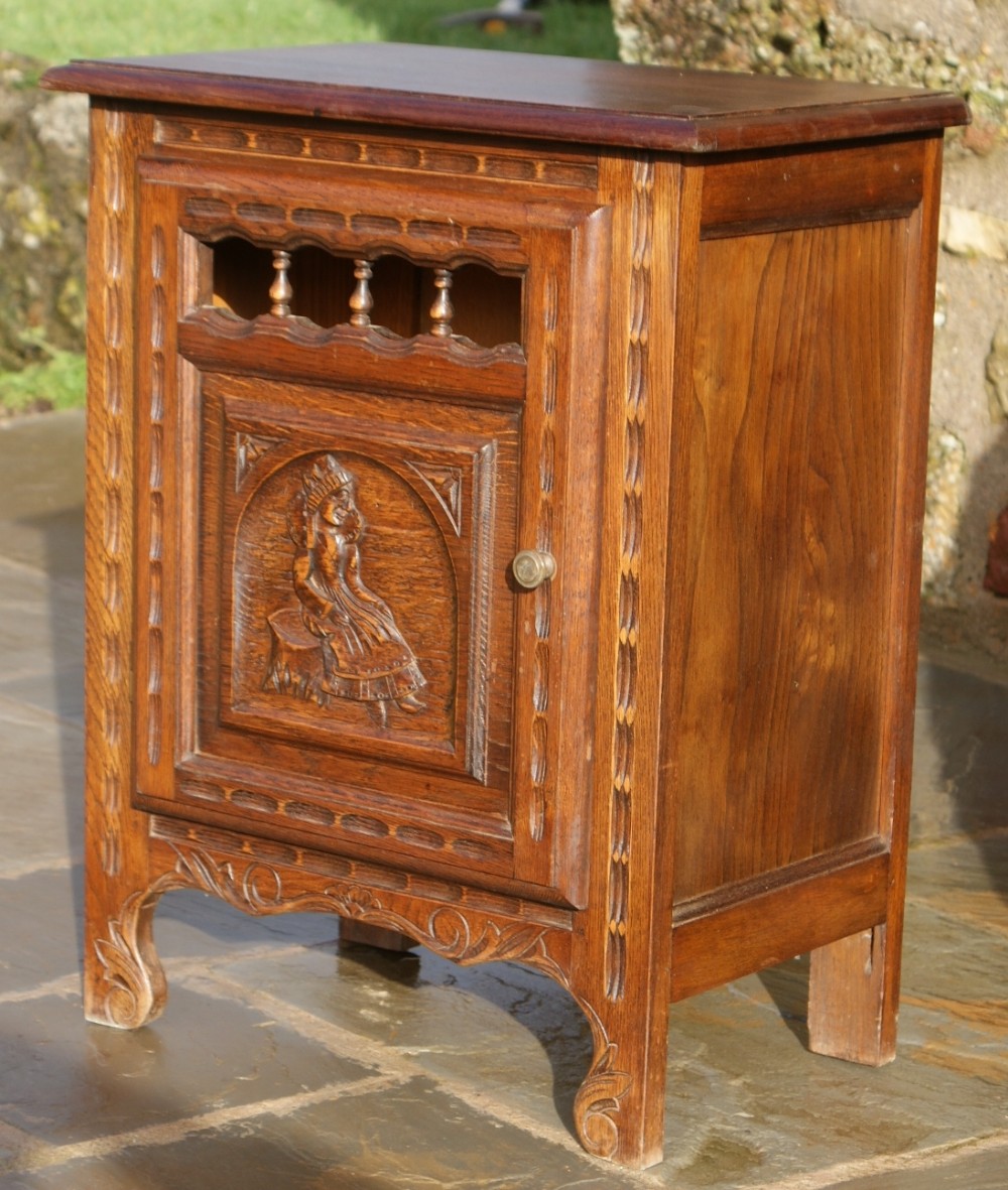 a very pretty french breton carved vintage chestnut bedside cabinet