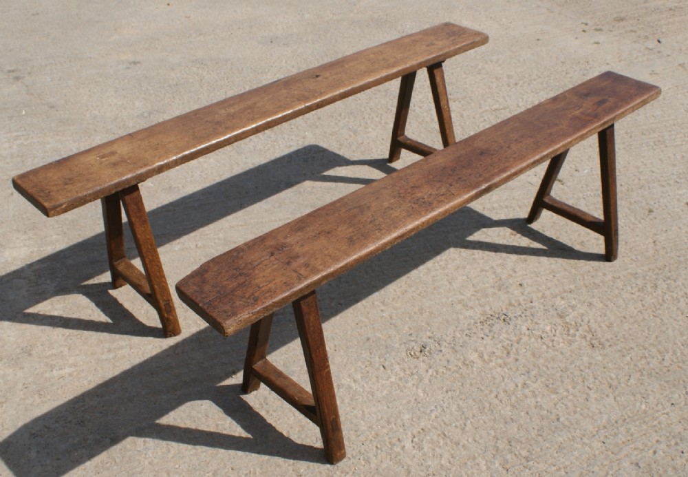 pretty pair of mid 19th century antique solid oak french trestle benches