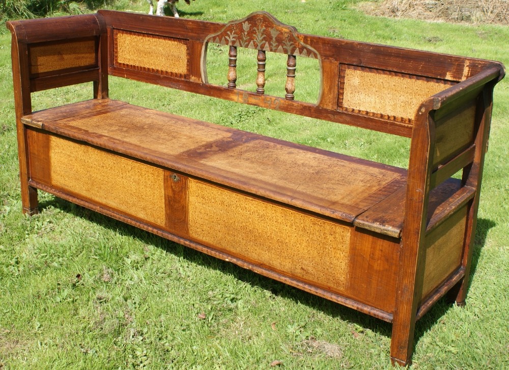 a lovely antique german original painted pine box seat bench settle