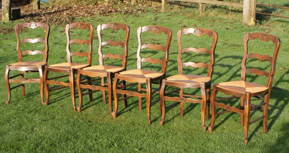 a super set of 6 good strong french beech louis xv style rush seat dining chairs
