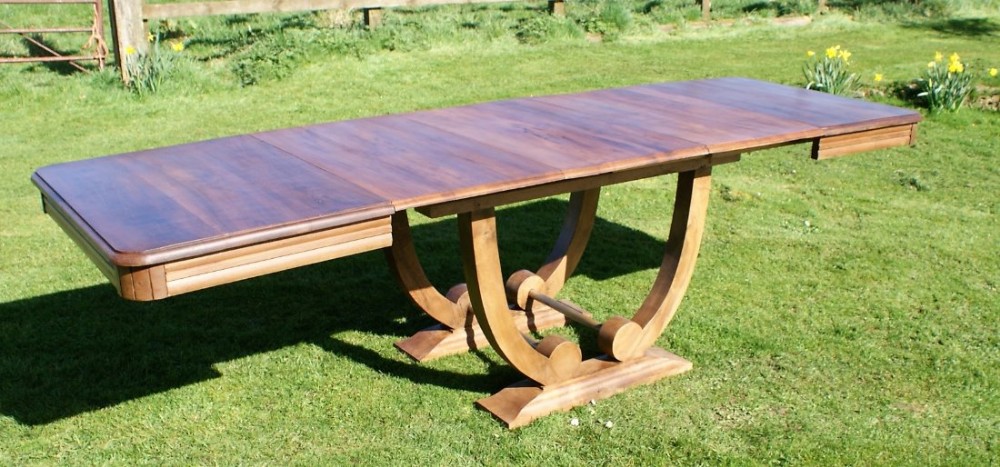 large french walnut art deco extending dining table with 3 leaves