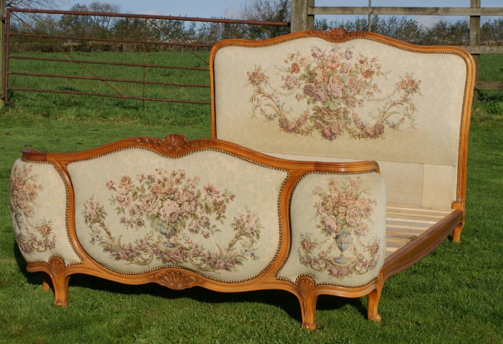 pretty early 20th century french tapestry upholstered double bed with base