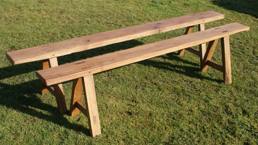 pretty pair of mid 19th century antique solid cherry french trestle benches