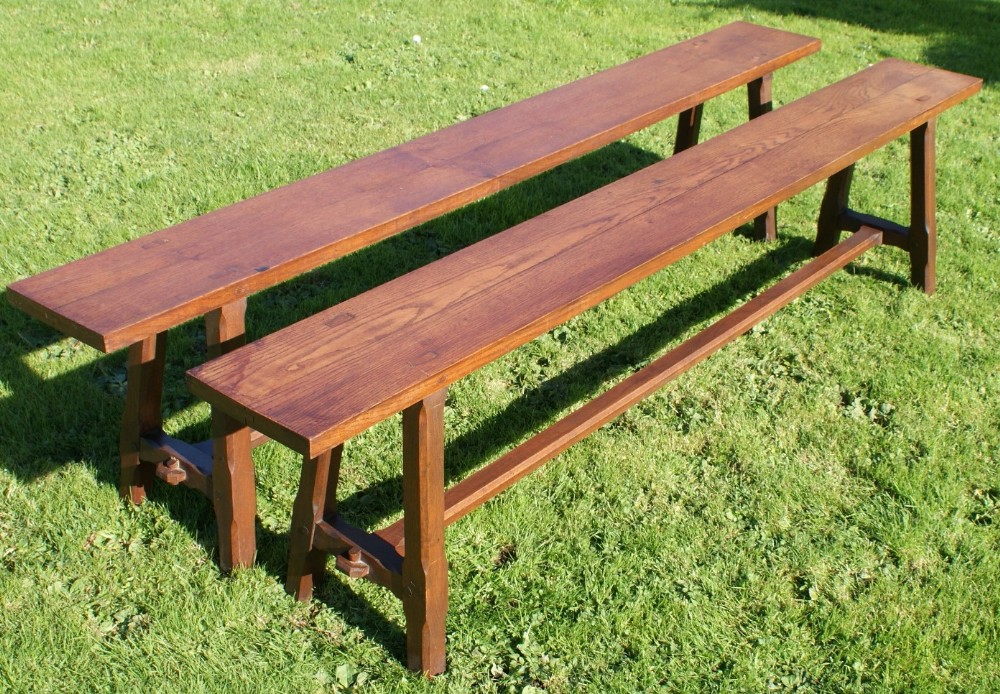 pretty pair of late 19th century antique solid chestnut french trestle benches